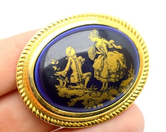 Antique Style Georgian Era Blue Porcelain Cobalt Lovers Couple Gilded Brooch