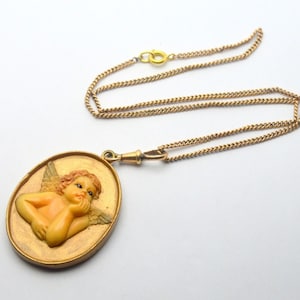Victorian Baroque Antique Angel Carved Pendant On 18k Rolled Gold Chain
