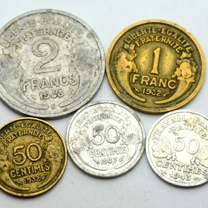 France 50 Centimes, 1, 2 Francs 1932-1947 Lot Of 5 Old Coins