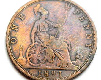 Groot-Brittannië UK One Penny 1891 Victoria Queen Old Copper Coin