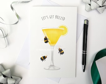 Let's Get Buzzed - Happy Birthday Card (Drinking Bumble Bee Birthday Card)