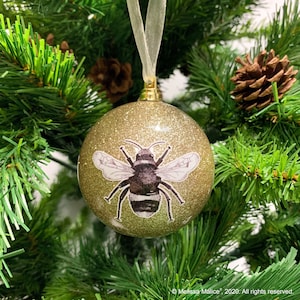 Gold Glitter Bumble Bee Christmas Bauble image 1