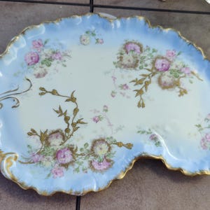 Antique William Guerin Limoges Scalloped Kidney Platter Blue with Roses and Gold Gilding 1891-1900 date mark