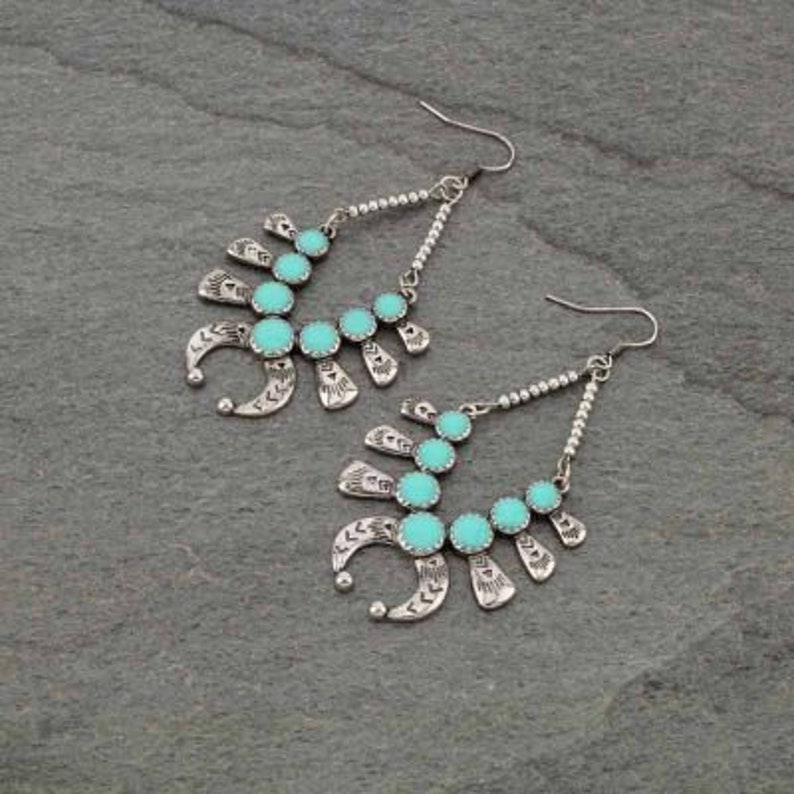 On Sale A Stunning Vintage Pair Of Southwestern Turquoise Squash Blossom Earrings