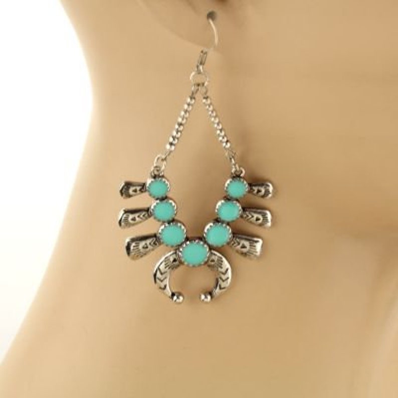 On Sale A Stunning Vintage Pair Of Southwestern Turquoise Squash Blossom Earrings