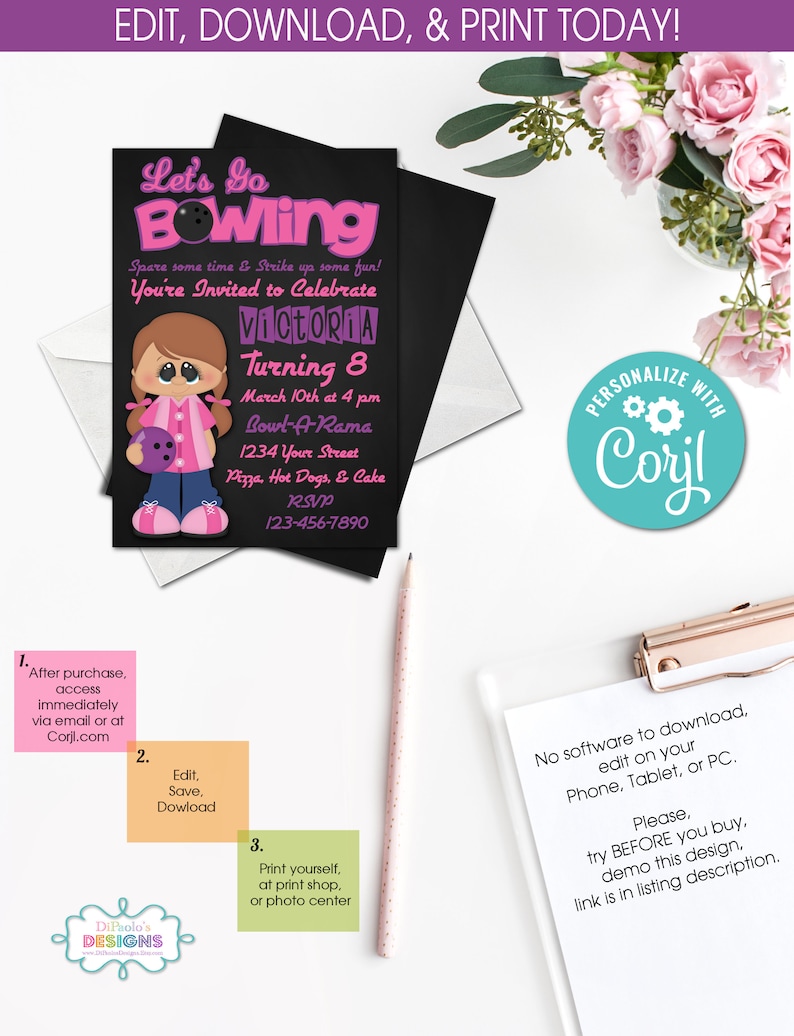 ON SALE DIY Bowling Party Invitations Sports Party Instant Access Bowling Party Pink Girl Birthday Party Templett 379