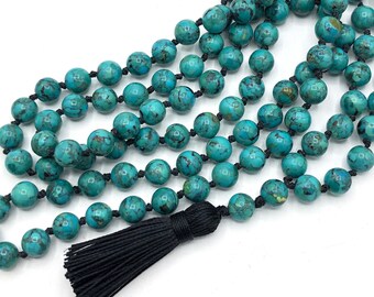 Genuine Turquoise Knotted Necklace with Black Nylon - 8mm - Chinese Turquoise - Metaphysical Healing Jewelry, Beads
