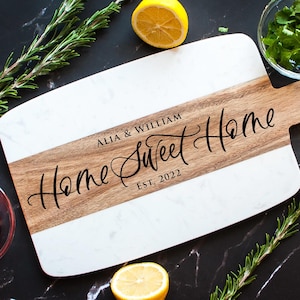 Home Sweet Home Personalized Marble and Wooden Serving Board | House Warming Gift | Personalized Family Cutting Board | Realtor Closing Gift