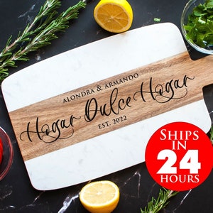 Hogar Dulce Hogar Marmor und Holz Servierbrett | Personalisiertes Hochzeitsgeschenk | Einweihungsgeschenk | Personalisiertes Familien Schneidebrett