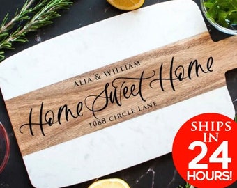 Home Sweet Home Personalized Marble and Wooden Serving Board | House Warming Gift | Personalized Family Cutting Board | Realtor Closing Gift