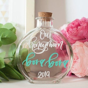 Honeymoon Sand Bottle , Calligraphy NOT A FONT, Vacation Keepsake Honeymoon Gift, Honeymoon Keepsake Jar, Honeymoon Keepsake Bottle, image 1