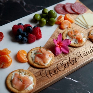 14x8 Personalized Modern Marble & Wooden Serving Board | Personalized Wedding Gift | House Warming Gift | Personalized Family Cutting Board