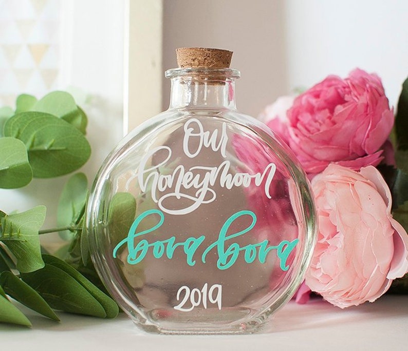 Honeymoon Sand Bottle , Calligraphy NOT A FONT, Vacation Keepsake Honeymoon Gift, Honeymoon Keepsake Jar, Honeymoon Keepsake Bottle, image 1