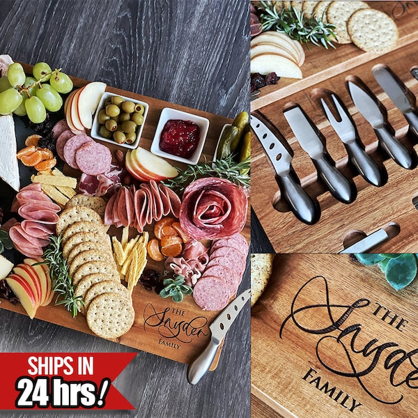 Premium 19-delige 17x13" gepersonaliseerde charcuterie-kaasplankset | House Warming Gift | Gepersonaliseerde familiesnijplank | Makelaarssluitingscadeau