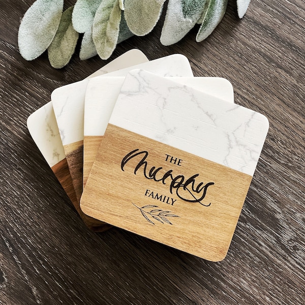 Custom Engraved Marble Wood Coasters | Personalized Gifts Coaster Set Christmas Gift | Housewarming Gifts Wedding Gifts Bridal Shower Gifts