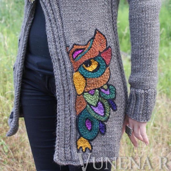 Open Front Cardigan, Hand Knit cardi with embroidery, Owl gray sweater, Hand knit women sweater with metal clasps, Unique,Embroidery details