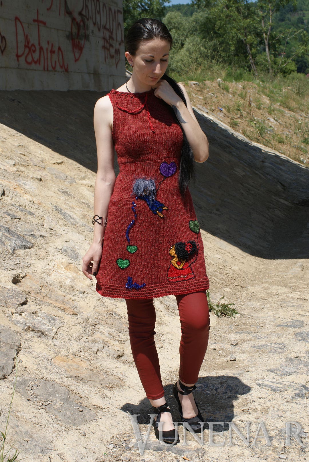 Dark Red Cotton Dress With Girls Motifs, Hand Knit Women Dress, Unique ...