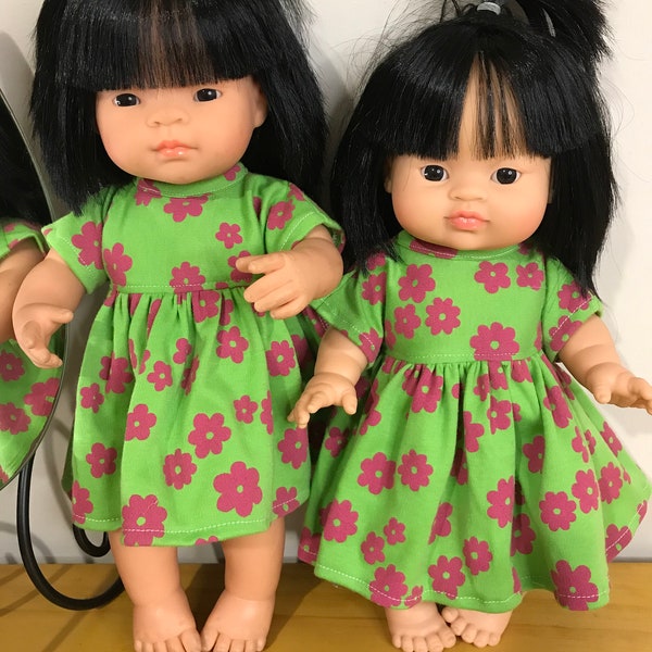 Minikane, Miniland 38cm bright green & pink flowers dress.