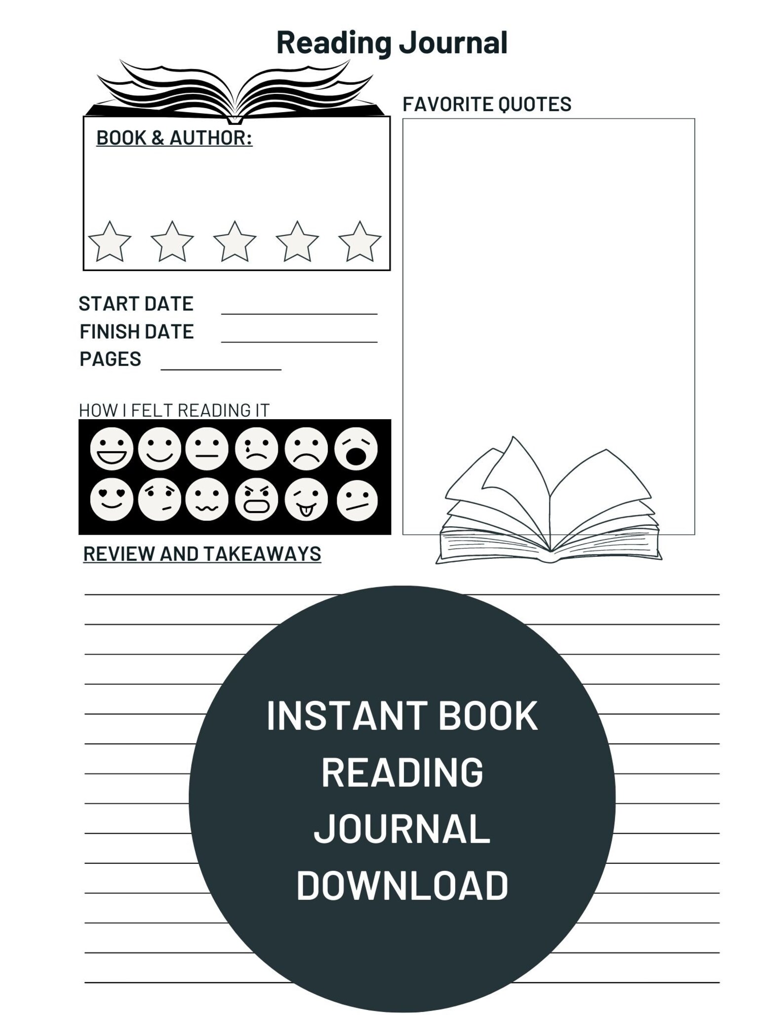 Reading Book Journal Log Review Template Digital Download Etsy