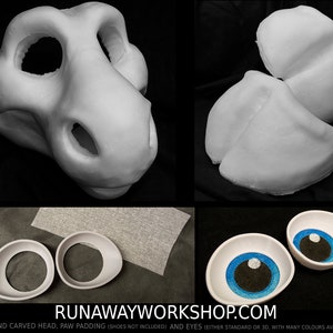 May include: A white, unfinished, cut and carved foam head for a furry costume. The head is in two pieces, and there are two foam paw pads and two blue eyes included. The text "RUNAWAYWORKSHOP.COM" is at the bottom of the image.