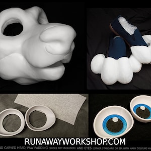 Long muzzle Canine bundle deal: cut and carved head base, Eyes and Feet padding, for costumes mascots and fursuits.