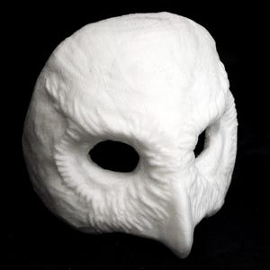 May include: White owl mask with detailed feathers and a beak. The mask has eye holes and is made of a smooth, textured material.