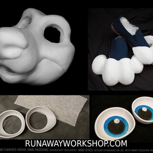 Happy Canine bundle deal: cut and carved head base, Eyes and Feet padding, for costumes mascots and fursuits.