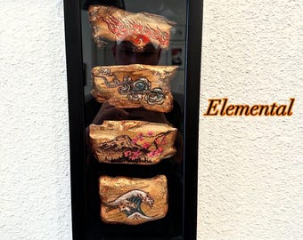 Decoración para el hogar con diseño enmarcado de madera pirograbada japonesa elemental.