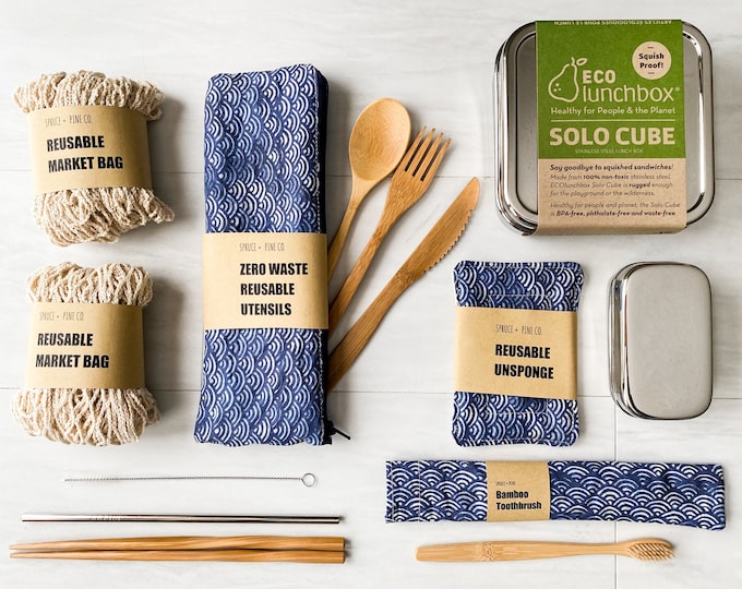 Zero Waste Starter Kit: Reusable Utensils, Market Bag & Unsponge
