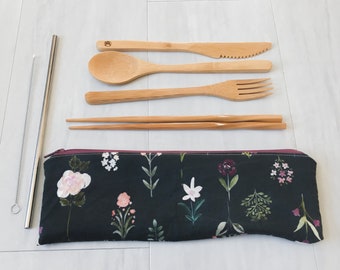 Reusable Cutlery - Zero Waste Utensils - Zero Waste Kit - Floral on Dark