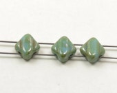 SILKY 2-HOLE CZECH Glass Beads-Turquoise Picasso-6 x 6mm-Two Hole Bead-Czech Pressed Glass Beads-Silky Beads-Diamond Shaped Beads- 25 Beads