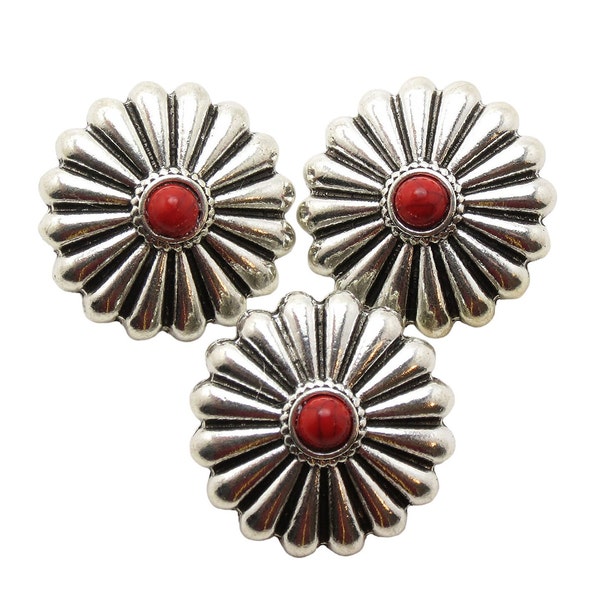 Silver Southwestern Concho Buttons - Red Resin Cabochon - Antique Silver Metal Shank Buttons - 29mm (1 1/8") Sewing Buttons - 3pcs (BU5128)