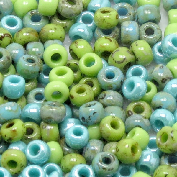 6/0 Custom Picasso Seed Bead Mix 604  - Turquoise, Turquoise Picasso, Chartreuse Picasso, and Lime Green - (10grams-25 grams-50 grams)