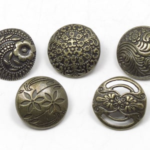 30 pcs. Bronze Round Assorted Buttons - Antique Bronze Metal Shank Buttons - 17mm (5/8&quot;) 5 Designs, 6 pcs Each Design - Bu7367