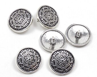 小物 60s 6 Pcs. Silver Flower Button - Antique Silver Metal Shank