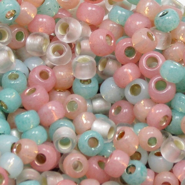 6/0 Custom Seed Bead Mix 610 - Aqua And Peach Seed Bead Mix - Seafoam, Salmon, And Crystal Seed Beads (10grams-25 grams-50 grams)