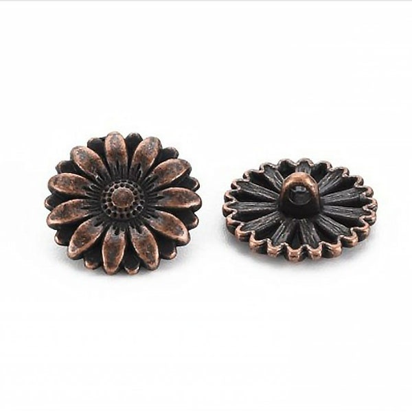 6 pcs. Antique Copper Daisy Button - Metal Shank Buttons - 17.5mm (11/16") Sunflower Sewing Buttons - 6 pcs.-12 pcs.- 24 pcs.  Bu89