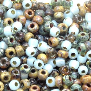 6/0 Custom Picasso Seed Bead Mix 601  - Seafoam, Brown, Yellow And Topaz Picasso With Milky Seafoam  (10grams-25 grams-50 grams)
