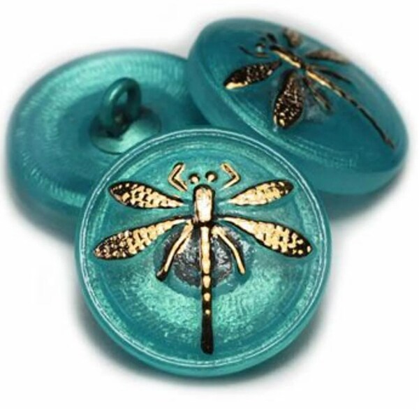 18mm Czech Glass Button - Aqua Button With Gold Dragonfly - 3/4" Shank Sewing Button - Turquoise Glass Dragonfly Button - 1 pc.