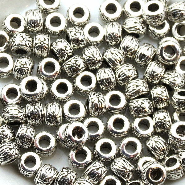 Antique Silver Drum Bead - 7.5mm x 5.5mm - 3.5mm Hole - Antique Silver Cylinder Bead - Large Hole Bead - 50 pcs.