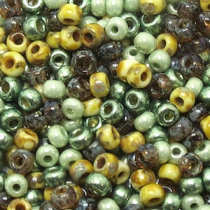 6/0 Custom Seed Bead Mix 644  - Yellow and Dark Topaz Picasso, Sea Green, and Mint Green - Kumihimo Beads  -  (10grams-25 grams-50 grams)