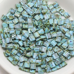 MIYUKI TILA #4514 - Turquoise Picasso Tila Bead - 5 x 5mm - Turquoise 2 Hole Square Beads - 10, 25, 50, 100 grams