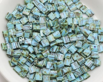 MIYUKI TILA #4514 - Turquoise Picasso Tila Bead - 5 x 5mm - Turquoise 2 Hole Square Beads - 10, 25, 50, 100 grams