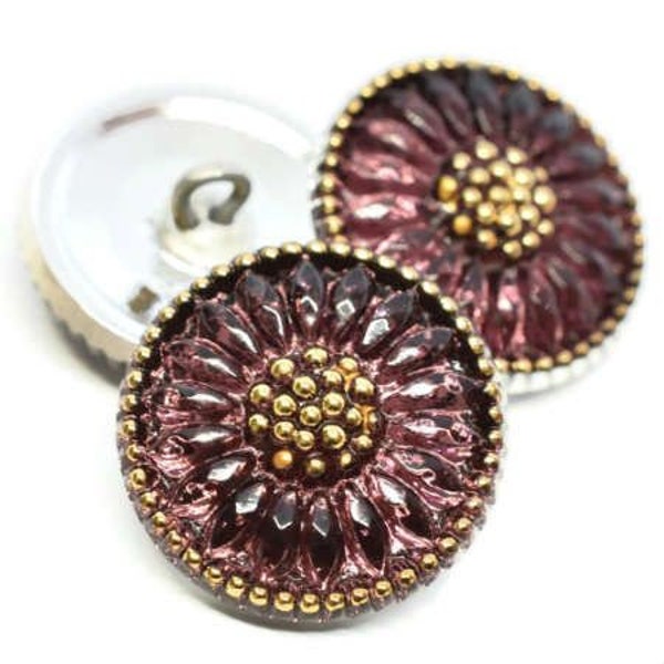 18mm Czech Glass Button - Czech Glass Daisy Button - Amethyst With Gold Accents - 3/4" Shank Sewing Button - 1 pc.