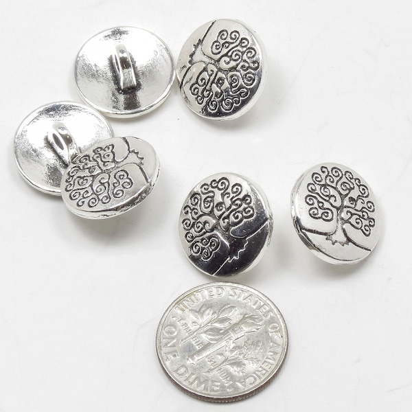 6 pcs. Silver Round Tree Of Life Button - Antique Silver Metal Shank Buttons - 14mm (1/2") Round Sewing Buttons - 6 pcs. Bu8584