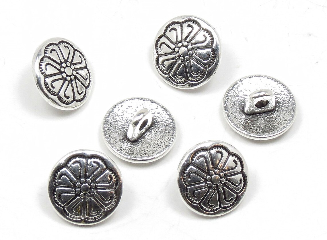 6 Pcs. Antique Silver Metal Button - Silver Metal Shank Button - 12mm ...