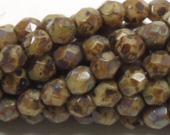 4MM FIRE POLISHED BEADS - Opaque Beige Picasso - Czech Faceted Round Beads - Picasso Firepolish - Czech Glass Beads - 50 Beads