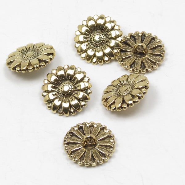 6 pcs. Antique Gold Sunflower Button - Antique Gold Metal Shank Buttons - 18mm (3/4") Sunflower Sewing Buttons - 6 pcs.- Bu386