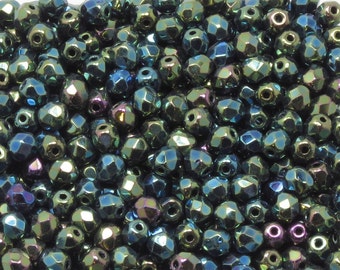 4MM FIRE POLISHED BEADS -Jet Green Iris - Czech Faceted Round Beads - 50 Beads