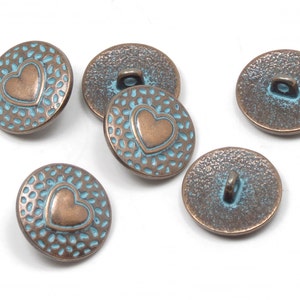 6 pcs. Copper Patina Southwestern Heart Button - Antique Copper Metal Shank Buttons - 18mm (3/4&quot;) Heart Sewing Buttons - Bu5752